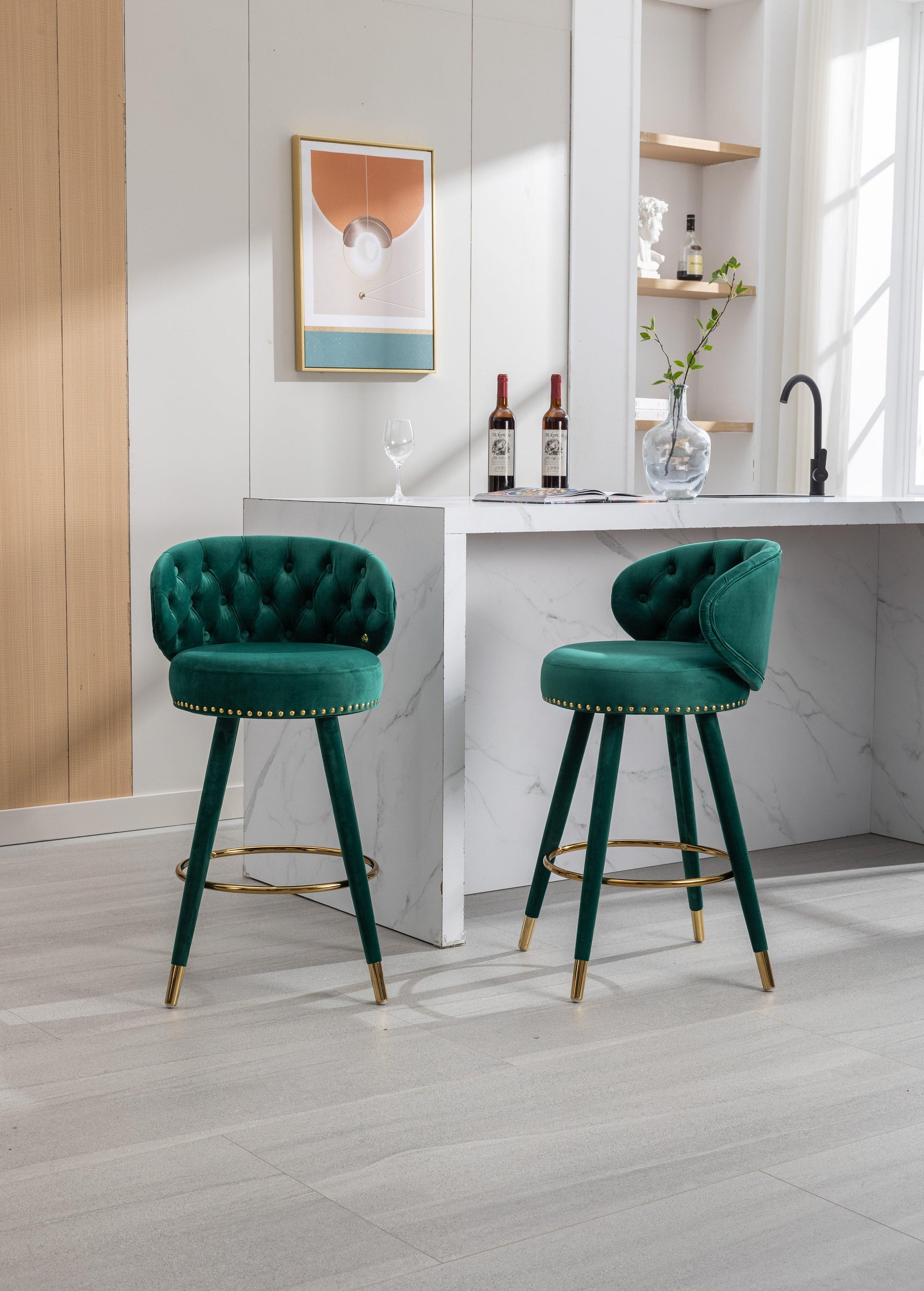 COOLMORE Counter Height Bar Stools Set of 2 for Kitchen Counter Solid Wood Legs with a fixed height of 360 degrees Emerald - FurniFindUSA