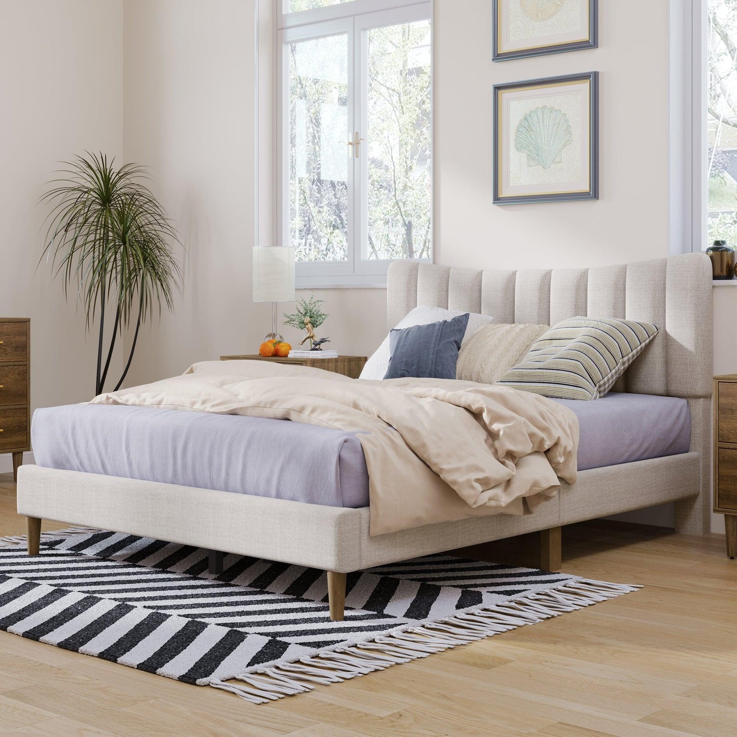 Upholstered Platform Bed Frame with Vertical Channel Tufted Headboard No Box Spring Needed Full Cream - FurniFindUSA