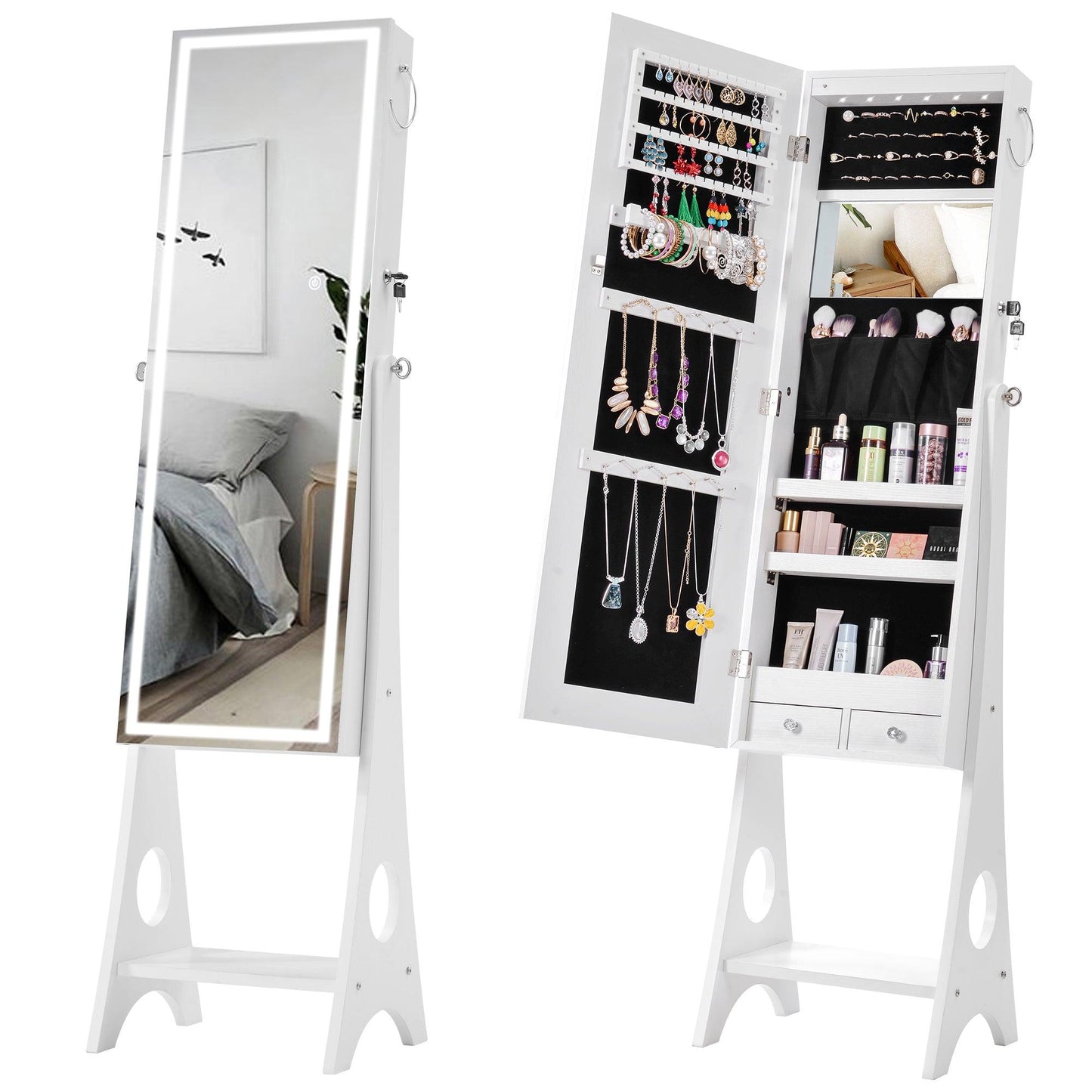 Fashion Simple Jewelry Storage Mirror Cabinet With LED Lights For Living Room Or Bedroom - FurniFindUSA