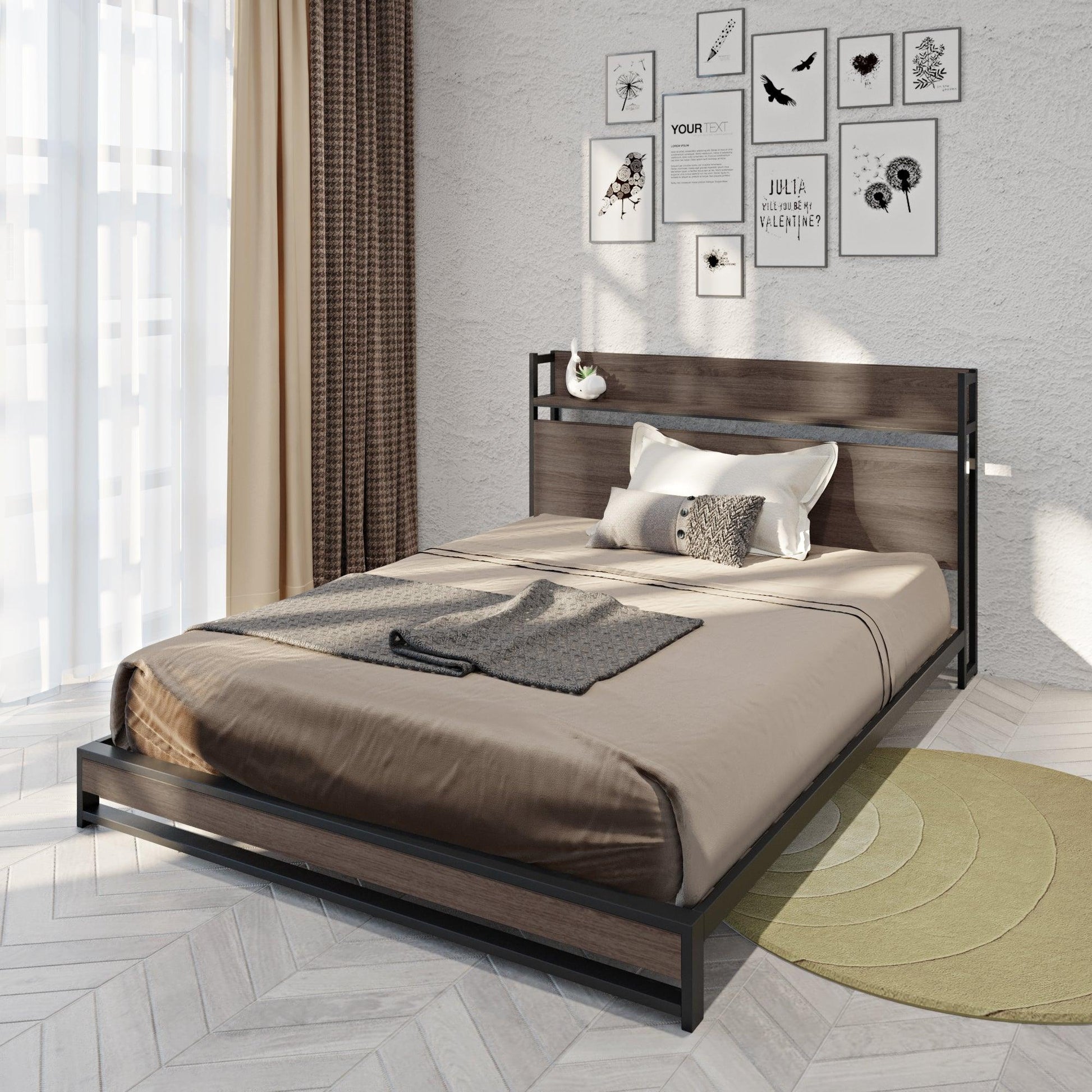 Platform Queen Bed with Socket Fast Assemble Design - FurniFindUSA