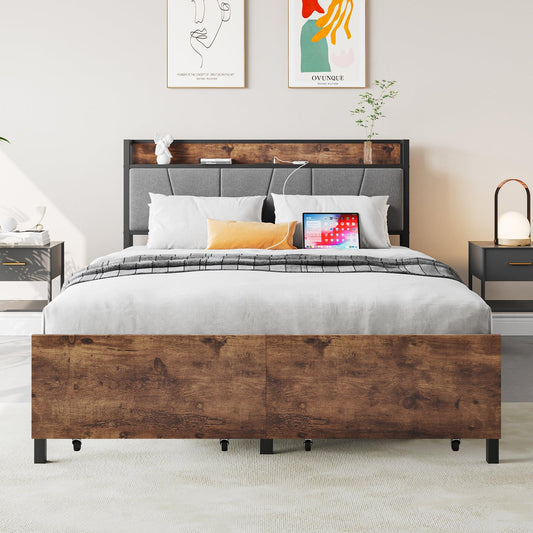 Full Size Bed Frame Storage Headboard with Charging Station and 2 Storage Drawers Vintage Brown and Gray - FurniFindUSA