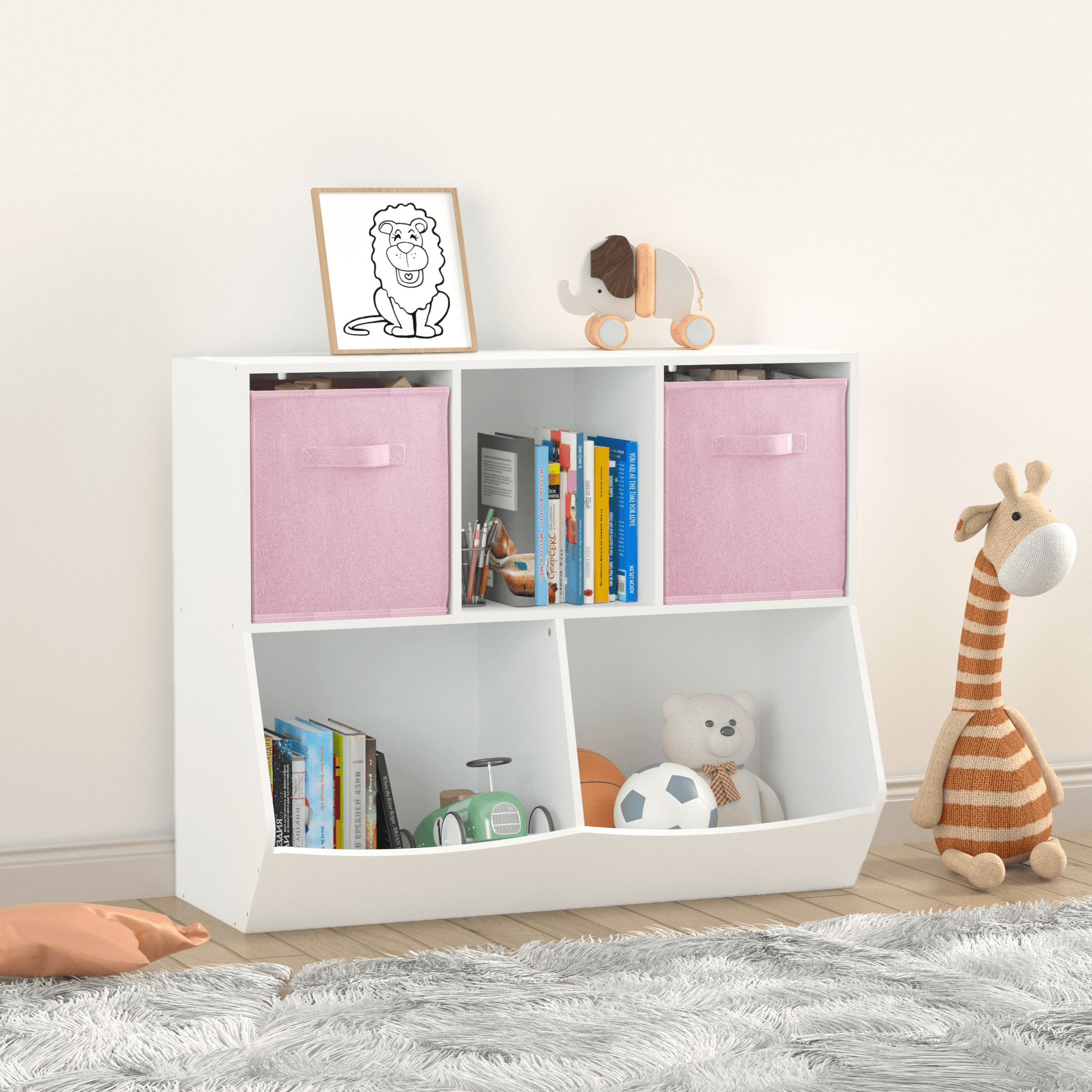 Kids Bookcase with Collapsible Fabric Drawers Children's Toy Storage Cabinet for Playroom White/Pink - FurniFindUSA