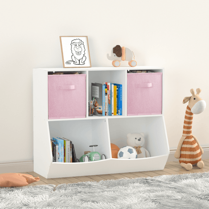 Kids Bookcase with Collapsible Fabric Drawers Children's Toy Storage Cabinet for Playroom White/Pink - FurniFindUSA