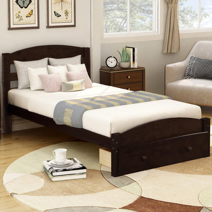 Platform Twin Bed Frame with Storage Drawer and Wood Slat Support No Box Spring Needed Espresso - FurniFindUSA