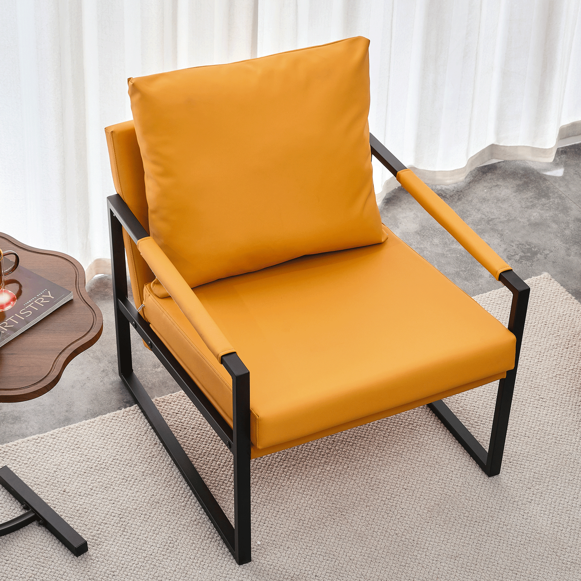 PU Leather Accent Arm Chair Mid Century Upholstered Armchair with Metal Frame Extra-Thick Padded Backrest - FurniFindUSA