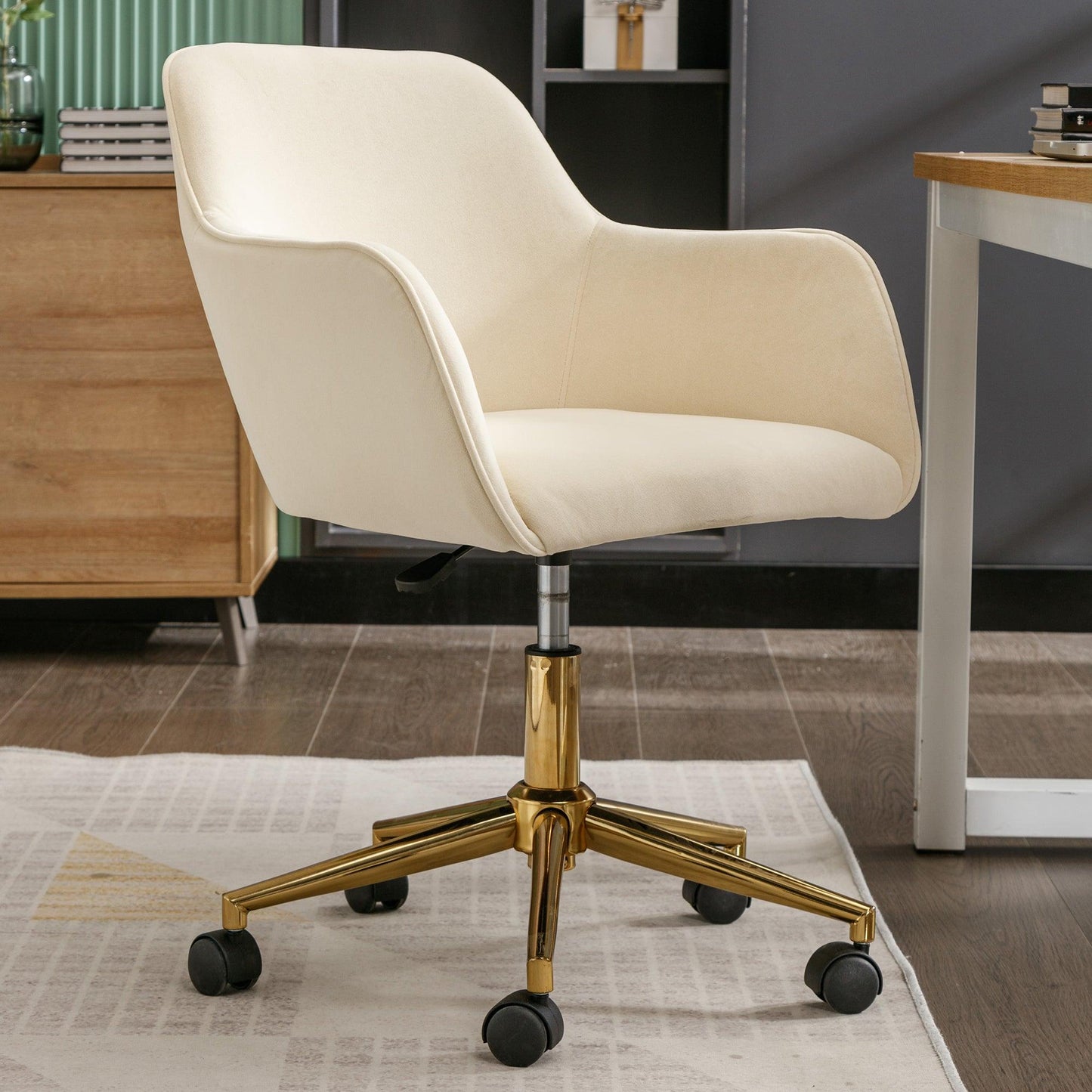 Modern Velvet Fabric Material Adjustable Height 360 revolving Home Office Chair Beige - FurniFindUSA