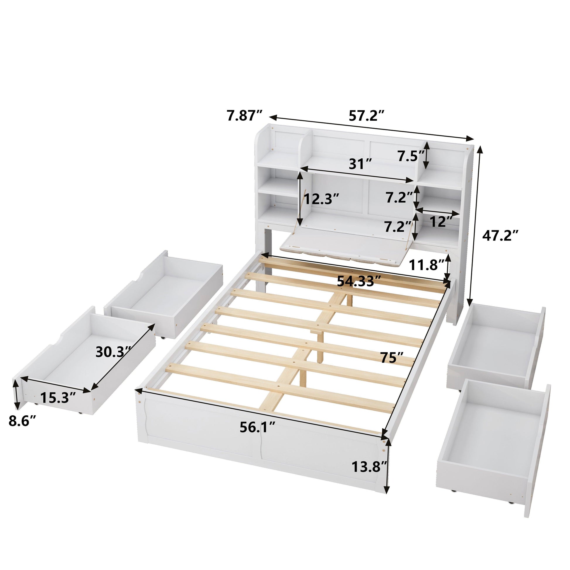 Multi-functional Full Size Bed Frame with 4 Under-bed Portable Storage Drawers and Multi-tier Bedside Storage Shelves White - FurniFindUSA