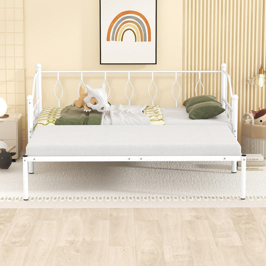 Twin Size Metal Daybed with Trundle Daybed with Slat No Box required White + Iron - FurniFindUSA