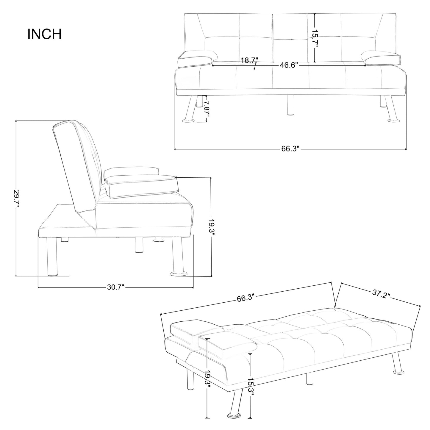 FUTON SOFA BED SLEEPER LIGHT GREY FABRIC