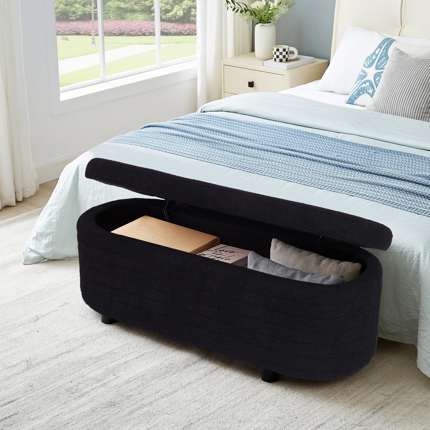 Multi-functional storage teddy fleece material sofa bench - FurniFindUSA