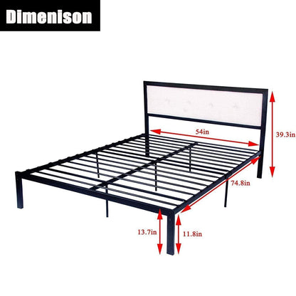 54" Modern Full Size Platform Bed with Black Metal Frame, Beige Headboard - FurniFindUSA