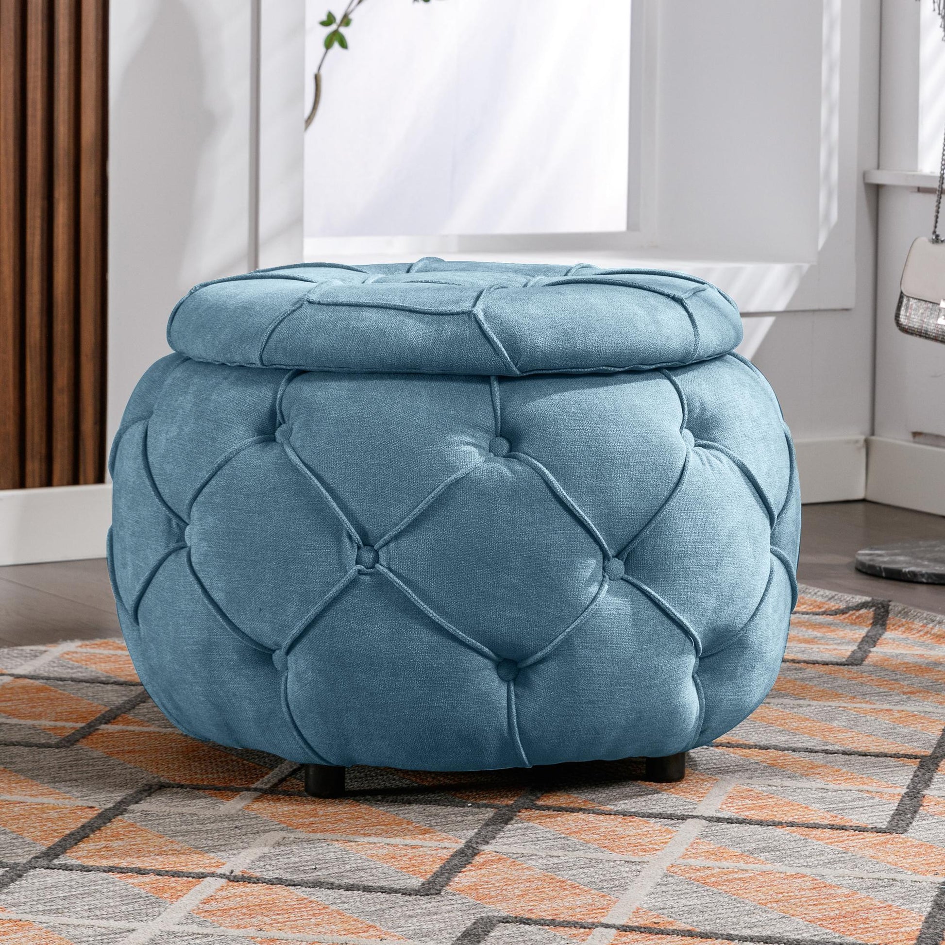 Large Button Tufted Woven Round Storage Footstool。Suitable for living room, bedroom, study - FurniFindUSA