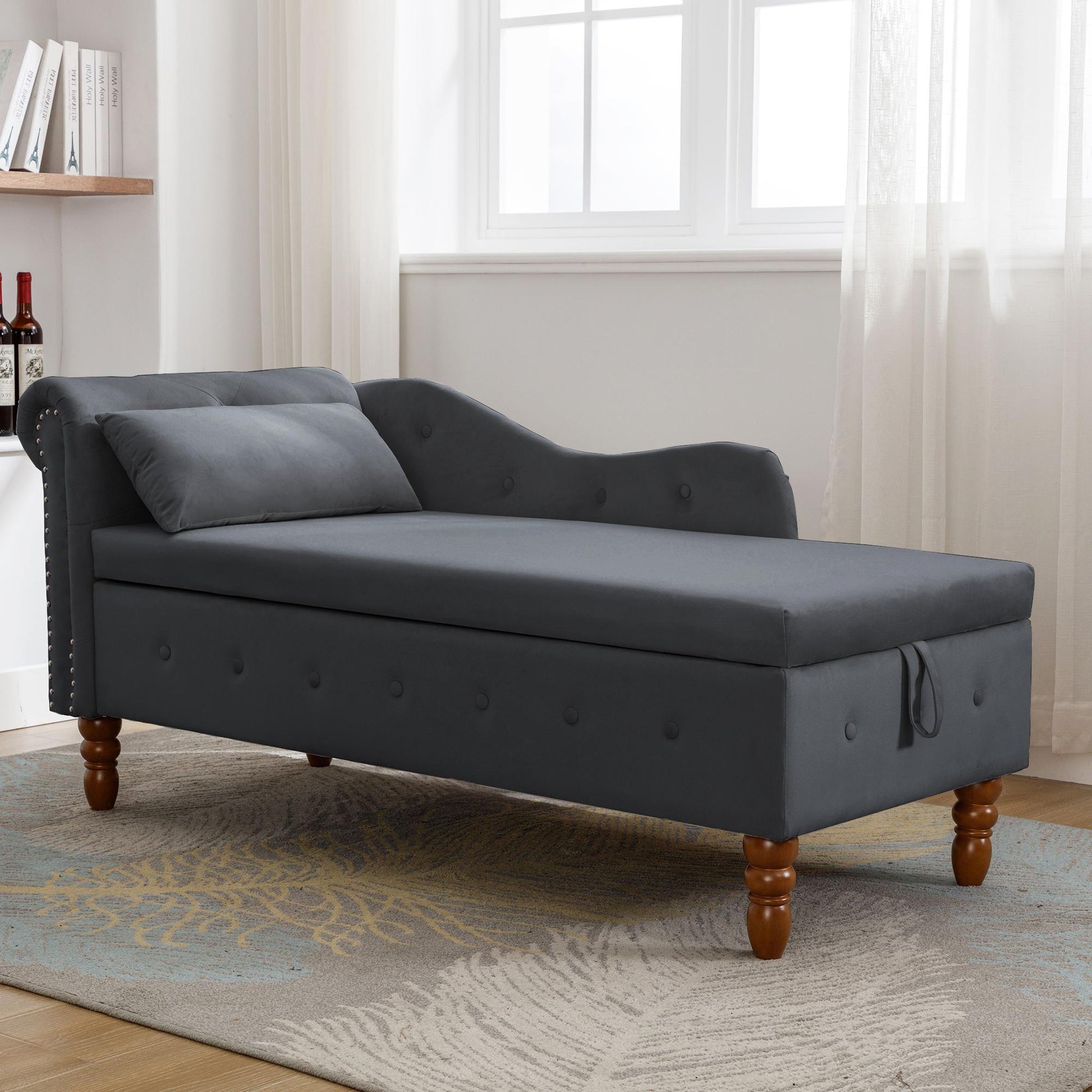 Velvet indoor chaise lounge with nailhead trim, storage and pillows, can be used in living room, bedroom, den - FurniFindUSA