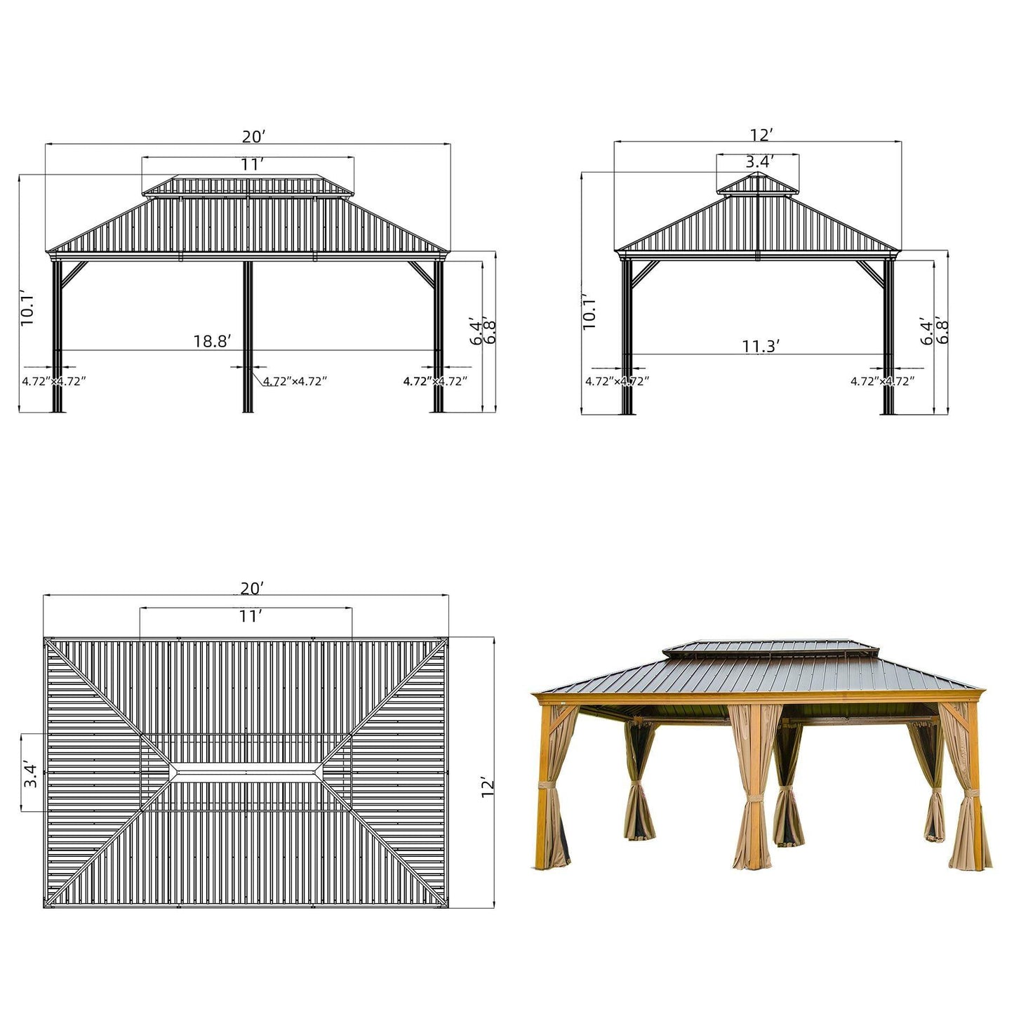 Domi Hardtop Gazebo Outdoor Aluminum Roof Canopy With Mosquito Netting and Curtains - FurniFindUSA