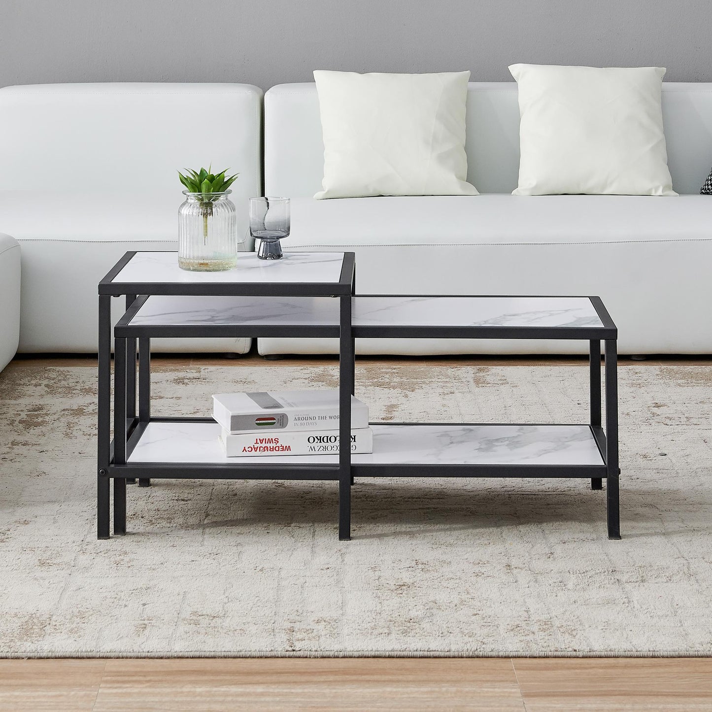 Modern Nesting coffee table Square & rectangle,Black metal frame with wood marble color top