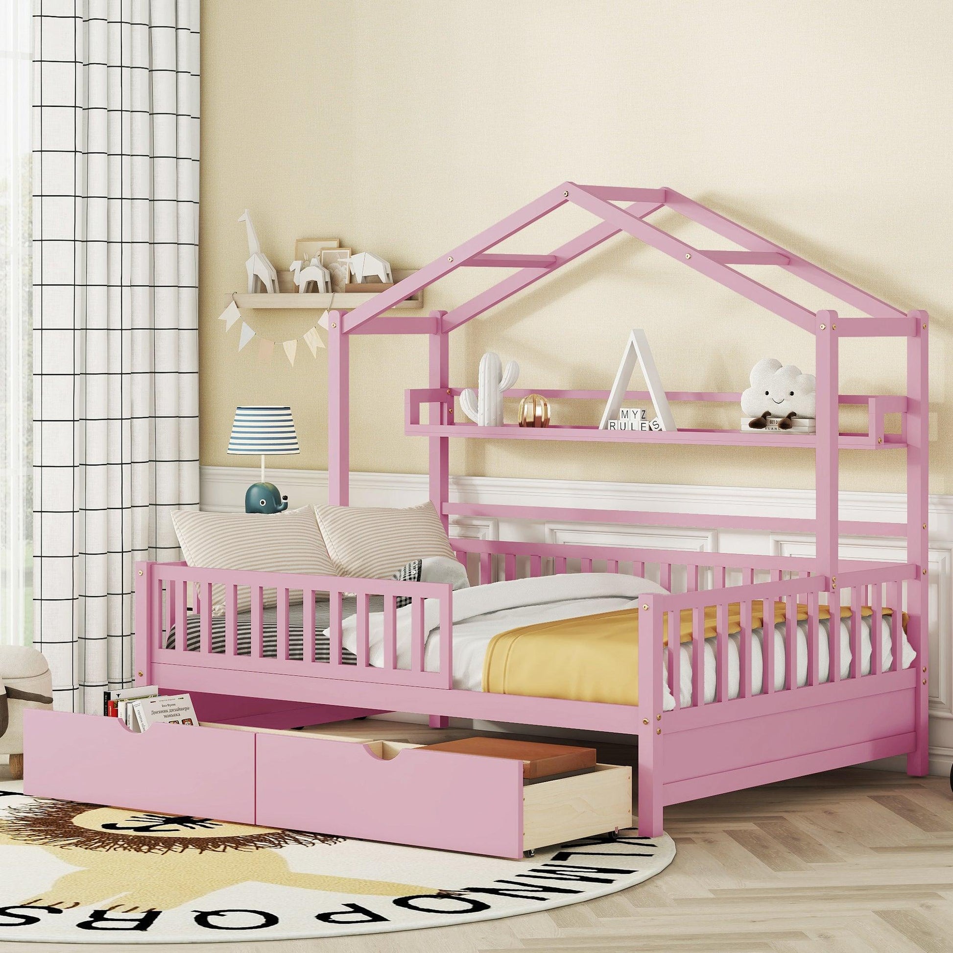 Wooden Full Size House Bed with 2 Drawers Kids Bed with Storage Shelf Pink - FurniFindUSA