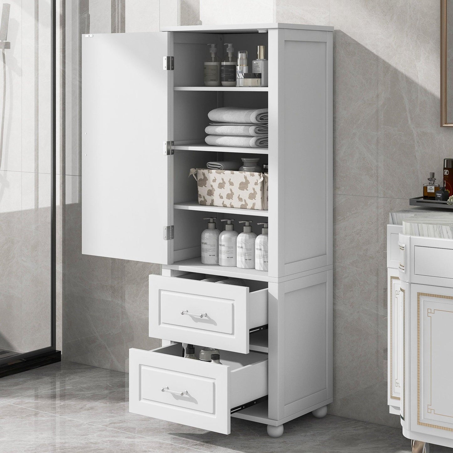 Tall bathroom storage cabinet with two drawers and adjustable shelves for independent storage - FurniFindUSA