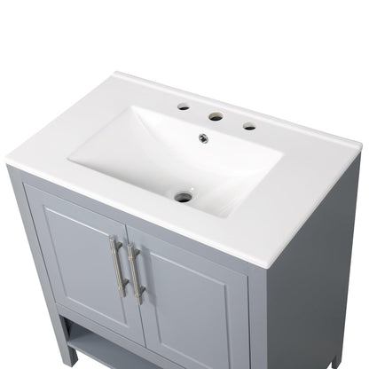 30" Bathroom Vanity with Sink, Multi-functional Bathroom Cabinet with Doors and Drawers, Solid Frame and MDF Board, Grey - FurniFindUSA