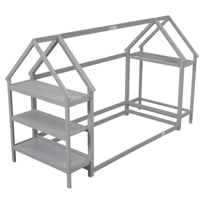 Twin House-Shaped Floor Bed with 2 Detachable Stands Grey - FurniFindUSA