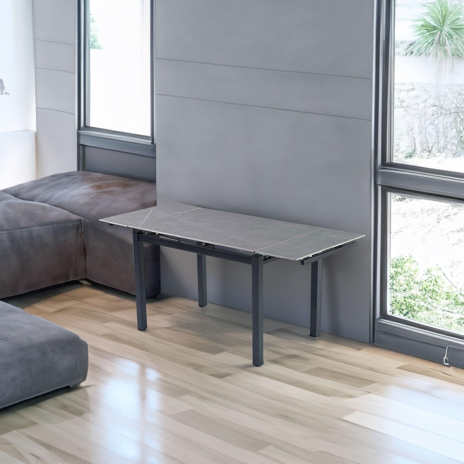 Grey Ceramic Modern Rectangular Expandable Dining Room Table For Space-Saving Kitchen Small Space -Table - FurniFindUSA