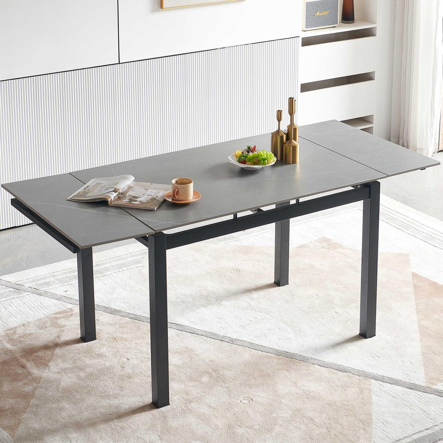 Grey Ceramic Modern Rectangular Expandable Dining Room Table For Space-Saving Kitchen Small Space -Table - FurniFindUSA