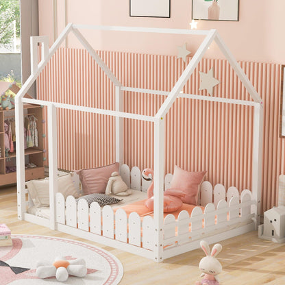 (Slats are not included) Full Size Wood Bed House Bed Frame with Fence for Kids Teens Girls Boys (White ) - FurniFindUSA