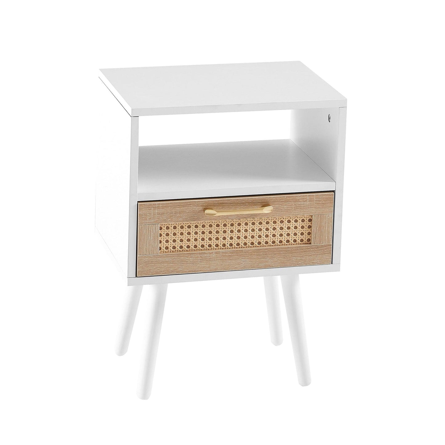 15.75" Rattan End table with drawer and solid wood legs Modern nightstand side table for living room white - FurniFindUSA