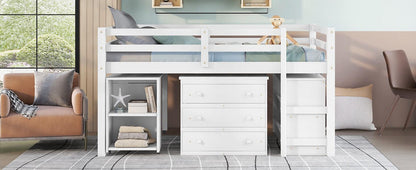 Low Study Full Loft Bed with Cabinet Shelves and Rolling Portable Desk Multiple Functions Bed- White - FurniFindUSA