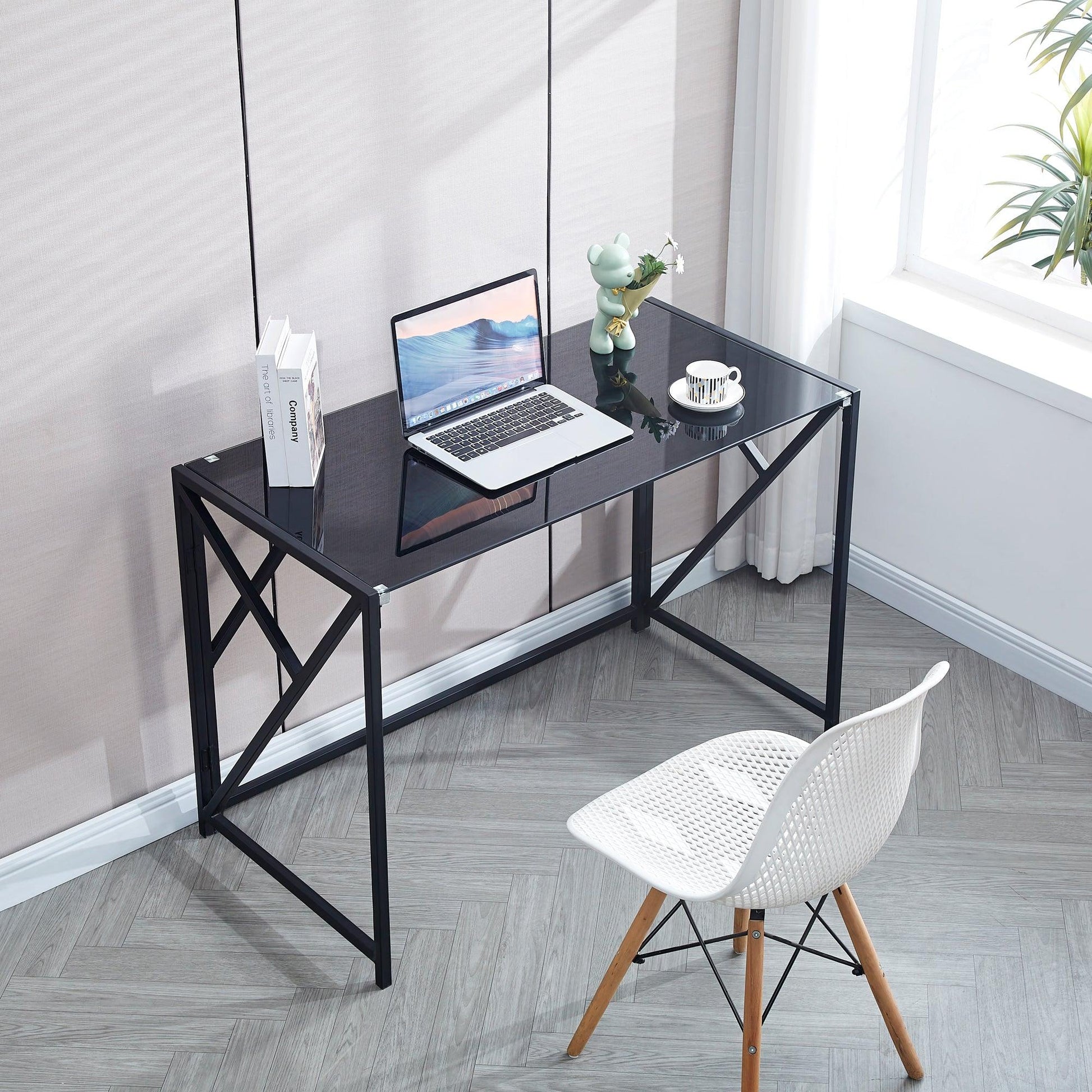 Tempered Black Glass Computer Desk Laptop Desk PC Laptop Table with Metal Frame Writting Desk - FurniFindUSA