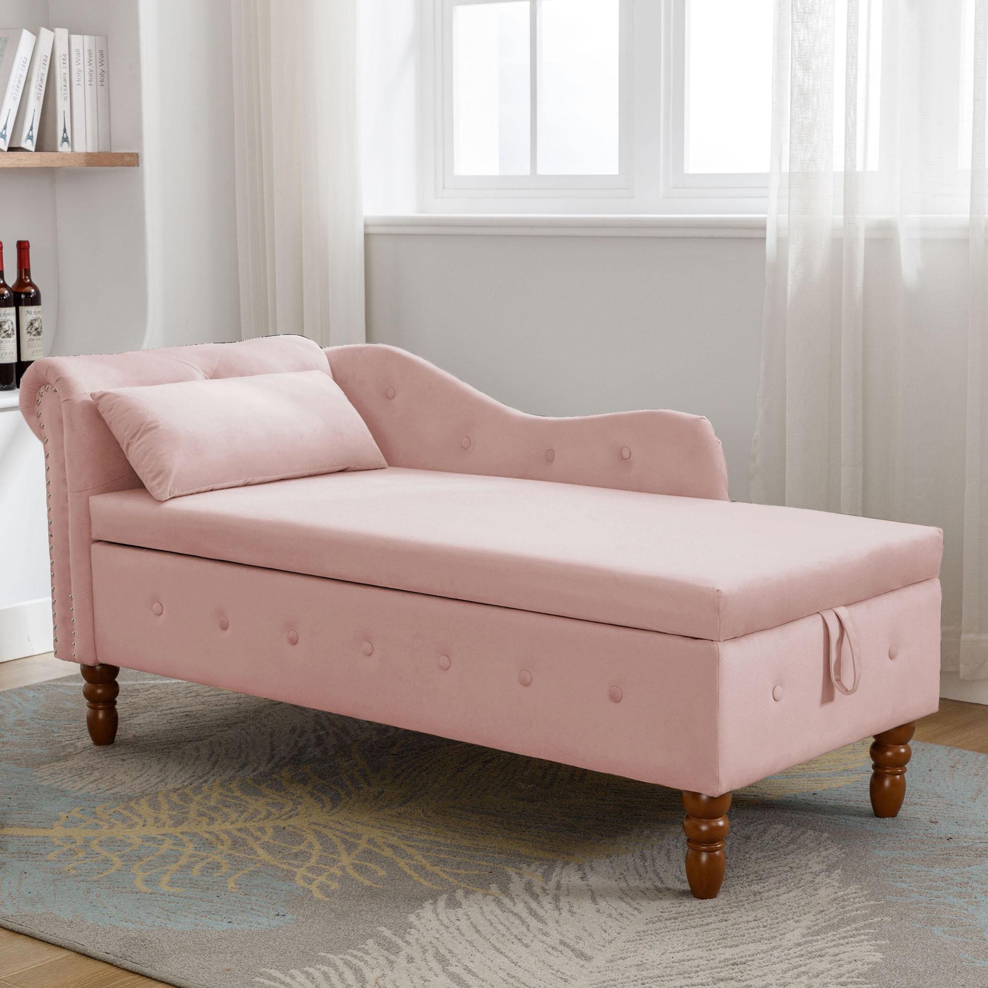 Velvet indoor chaise lounge with nailhead trim, storage and pillows, can be used in living room, bedroom, den - FurniFindUSA