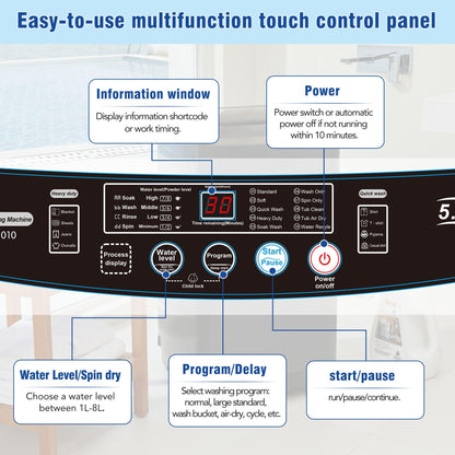 Portable home automatic washer, 15.4Lbs. of laundry, 8 water levels/10 programs for apartments, college dorms, RVs - FurniFindUSA
