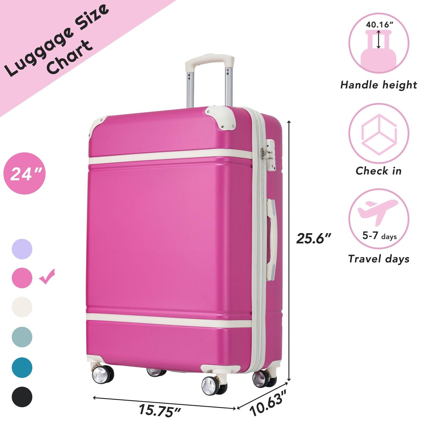 24 IN Luggage 1 Piece with TSA lock , Expandable Lightweight Suitcase Spinner Wheels, Vintage Luggage,Pink - FurniFindUSA