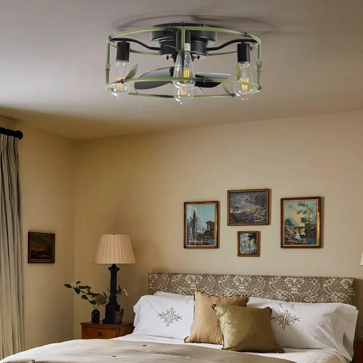 Flush Mount Ceiling Fans with Lights and Remote Control green Caged Low Profile Ceiling Fan Modern Metal Ceiling fanfor - FurniFindUSA