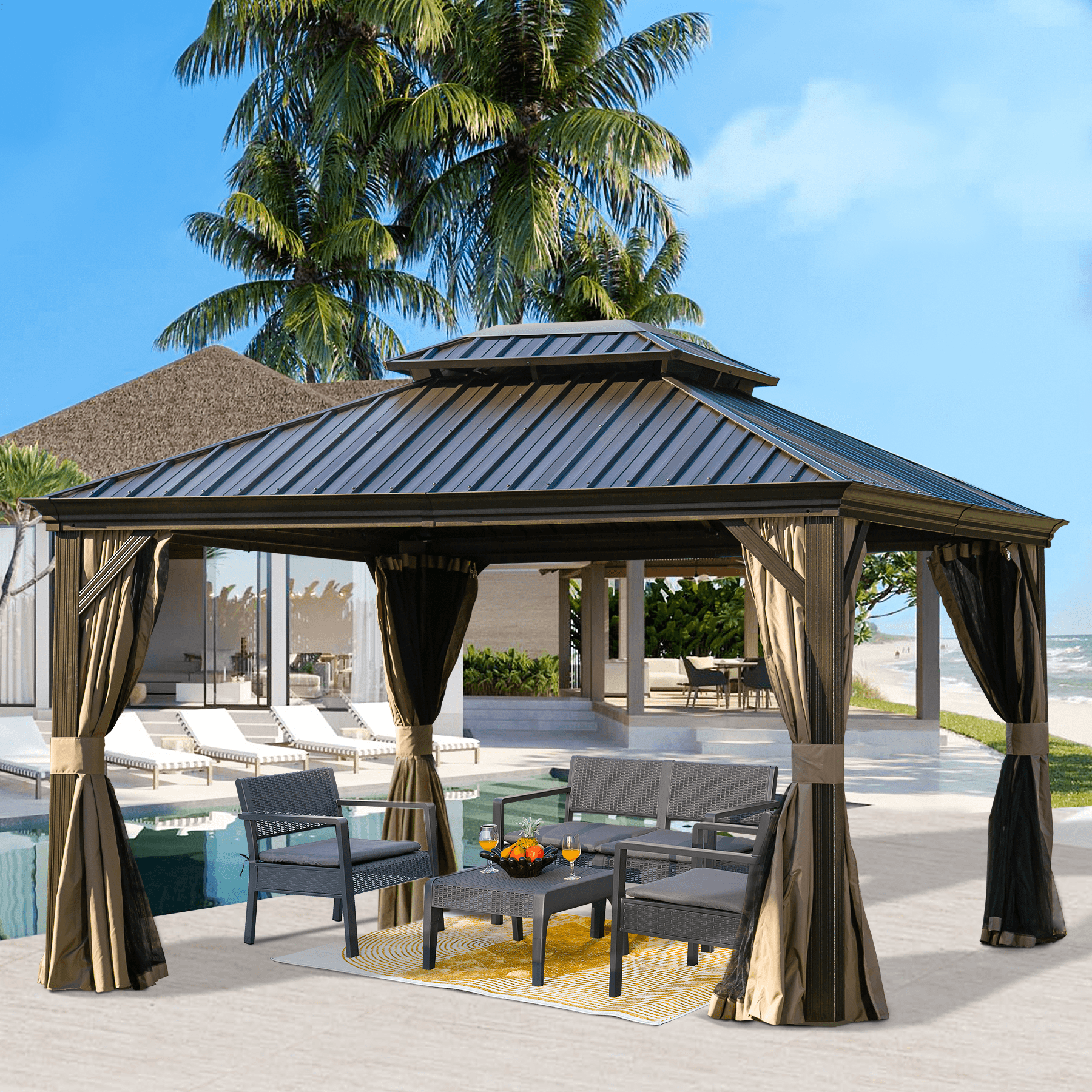 Domi Hardtop Gazebo Outdoor Aluminum Roof Canopy With Mosquito Netting and Curtains - FurniFindUSA