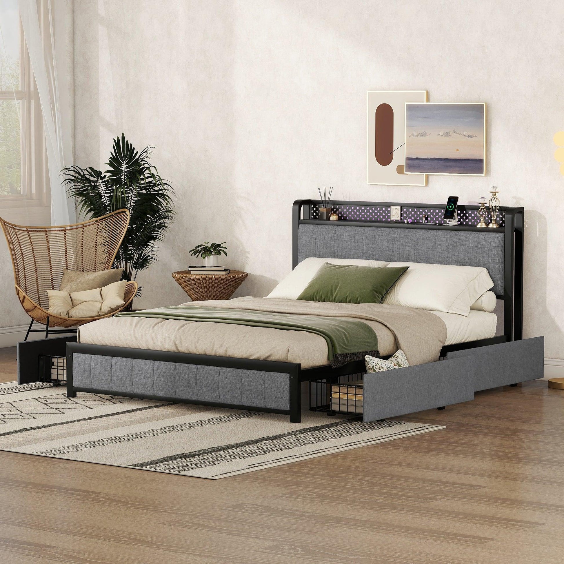 Queen Bed Frame with LED Headboard Upholstered Bed with 4 Storage Drawers and USB Ports Light Grey - FurniFindUSA