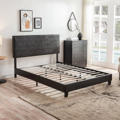 Queen Size Upholstered Platform Bed Frame Wood Slat Support Easy Assembly Black pu - FurniFindUSA