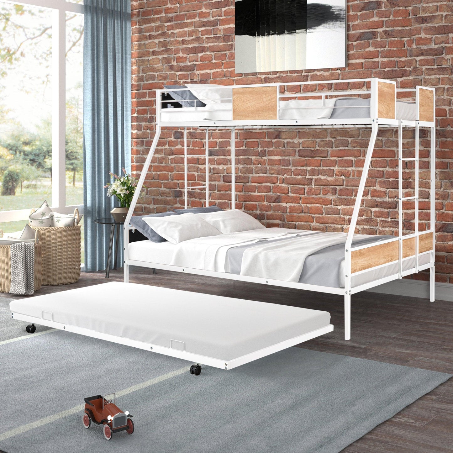 Metal Twin over Full Bunk Bed with Trundle - FurniFindUSA