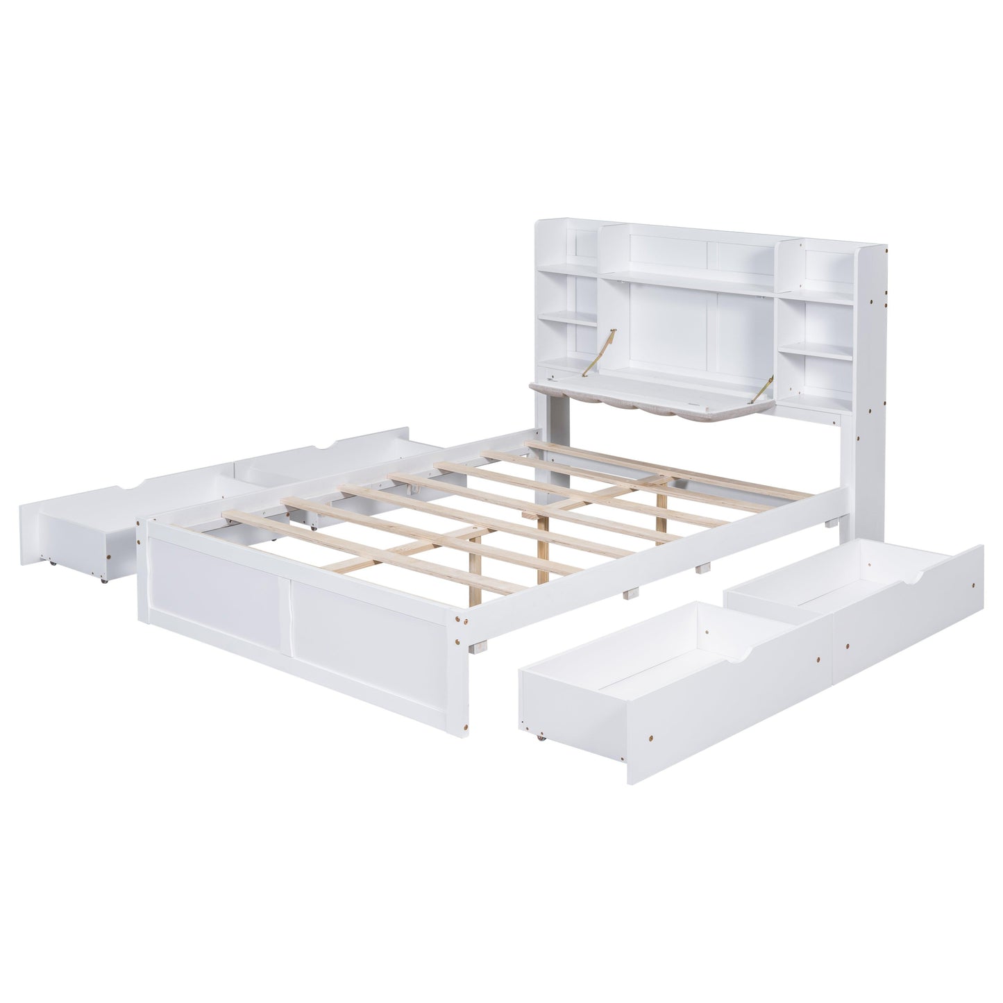 Multi-functional Full Size Bed Frame with 4 Under-bed Portable Storage Drawers and Multi-tier Bedside Storage Shelves White - FurniFindUSA