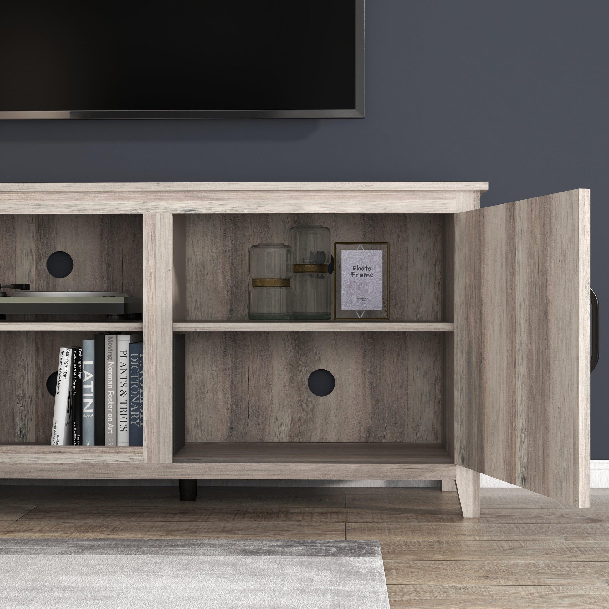 TV Stand Storage Media Console Entertainment Center With Two Doors Grey Walnut - FurniFindUSA