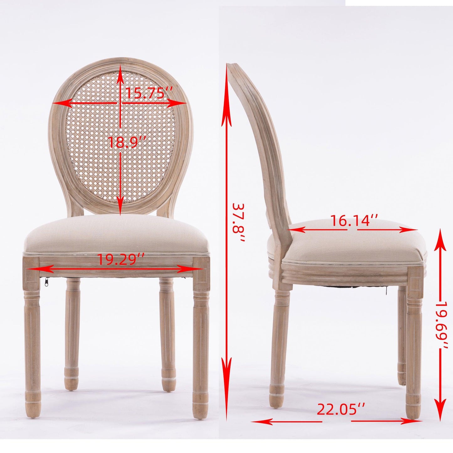 French Style Solid Wood Frame Antique Painting Linen Fabric Rattan Back Dining Chair Set of 2 Cream - FurniFindUSA