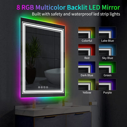 20*28 in Anti-Fog Smart Touch Mirror RGB LED Bathroom Mirror with Backlit Color Changing and 3 Front Lighting - FurniFindUSA