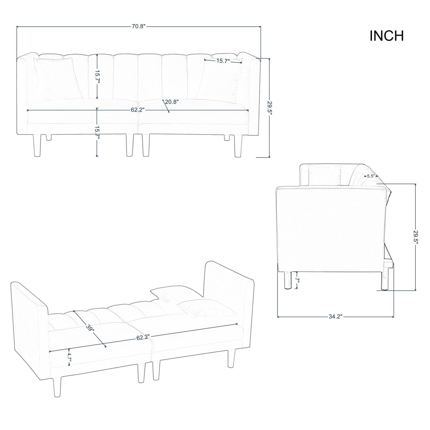 70.8” Futon Sofa bed（plastic legs） - FurniFindUSA