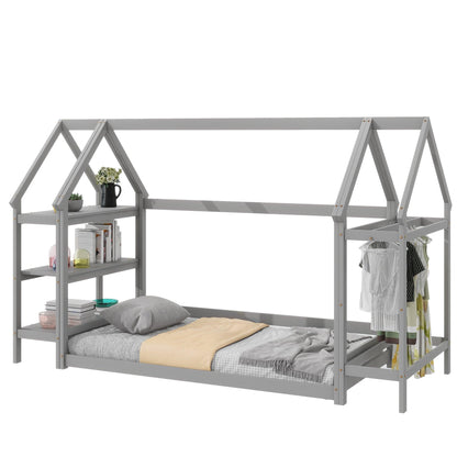 Twin House-Shaped Floor Bed with 2 Detachable Stands Grey - FurniFindUSA