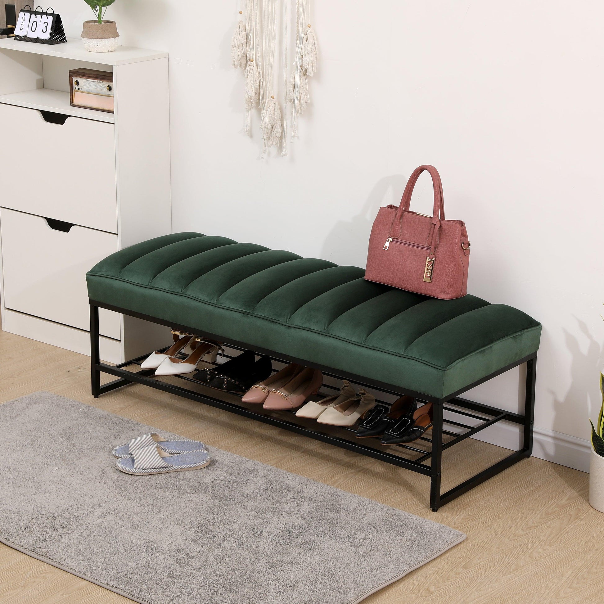 Green Velvet Channel Tufted Ottoman Bench Accent Upholstered Bendroom End of Bed Bench with Storage Shelf (Green) - FurniFindUSA