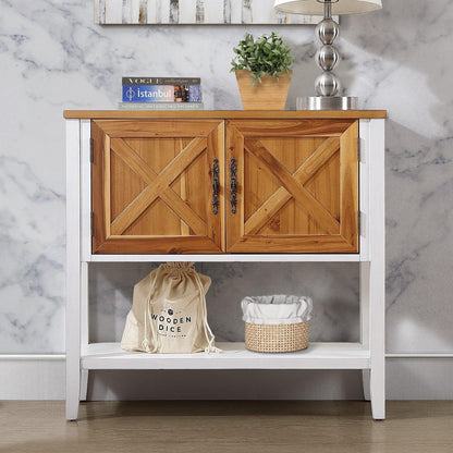 35''Farmhouse Wood Buffet Sideboard Console Table (Antique White + Natural Acacia Top & Door) - FurniFindUSA