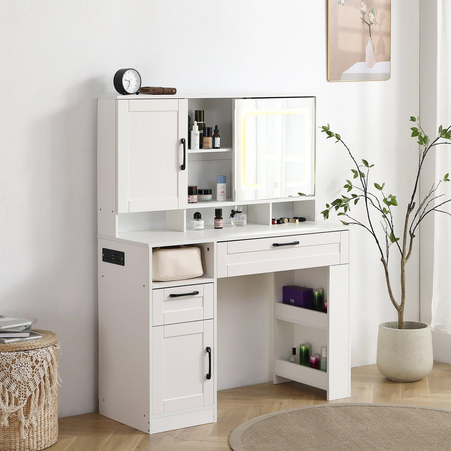 Vanity table with large sliding lighted mirror dressing table with 2 drawers storage shelves and upholstered stool white color - FurniFindUSA