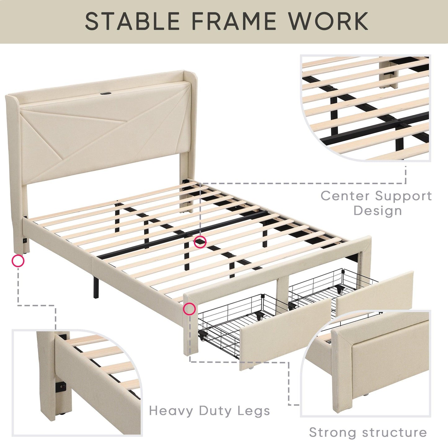 Full Size Bed Frame with 2 Storage Drawers Upholstered Bed Frame Beige - FurniFindUSA