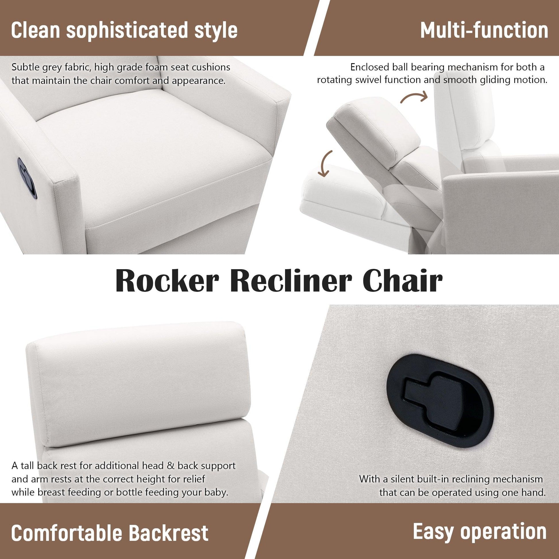 Modern Upholstered Rocker Nursery Chair Plush Seating Glider Swivel Recliner Chair Beige - FurniFindUSA