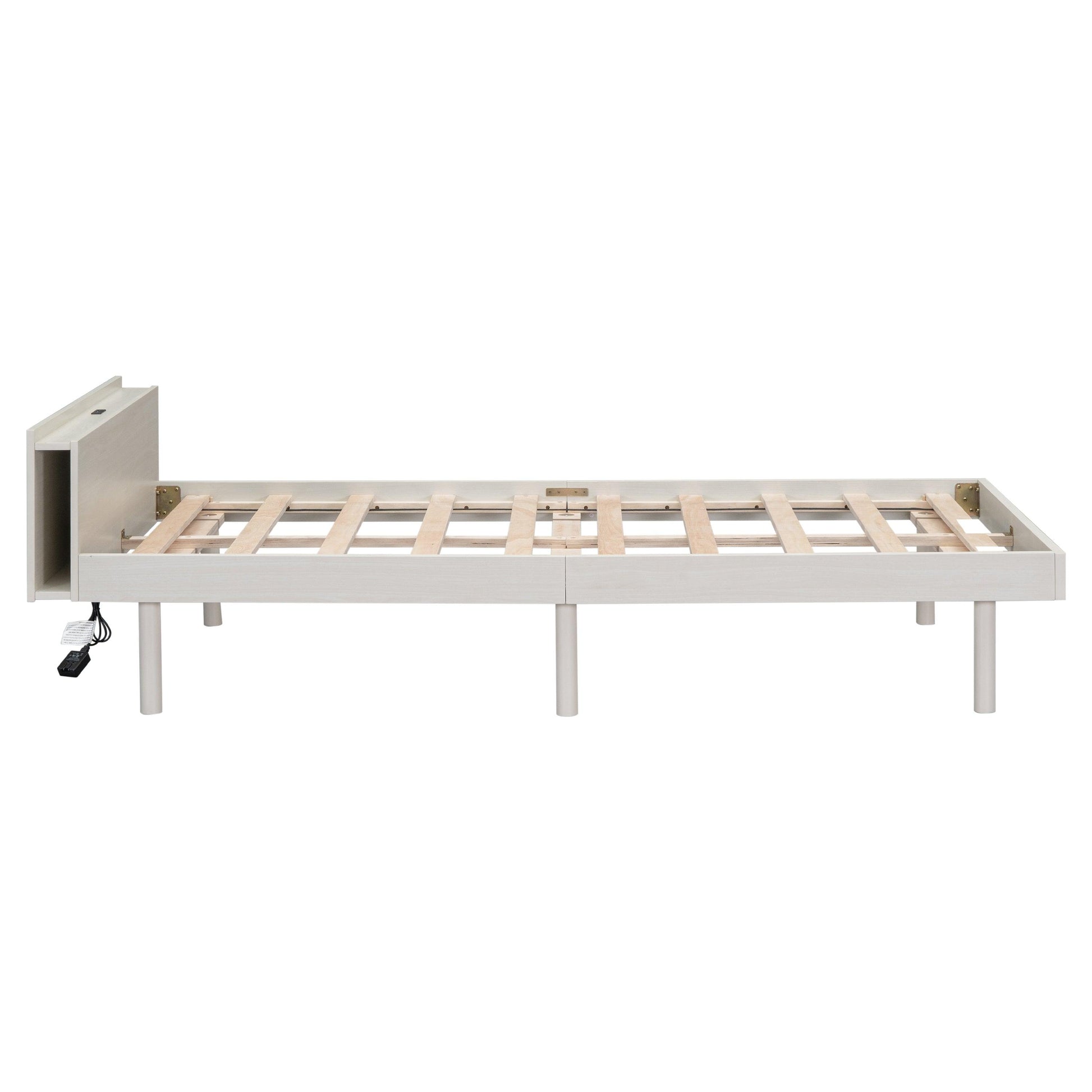 Modern Design Twin Size Platform Bed Frame with Built-in USB Ports for White Washed Color - FurniFindUSA
