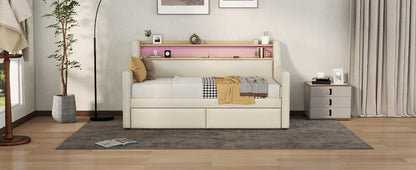 Twin Size Daybed with Storage Drawers Upholstered Daybed with Charging Station and LED Lights Beige - FurniFindUSA